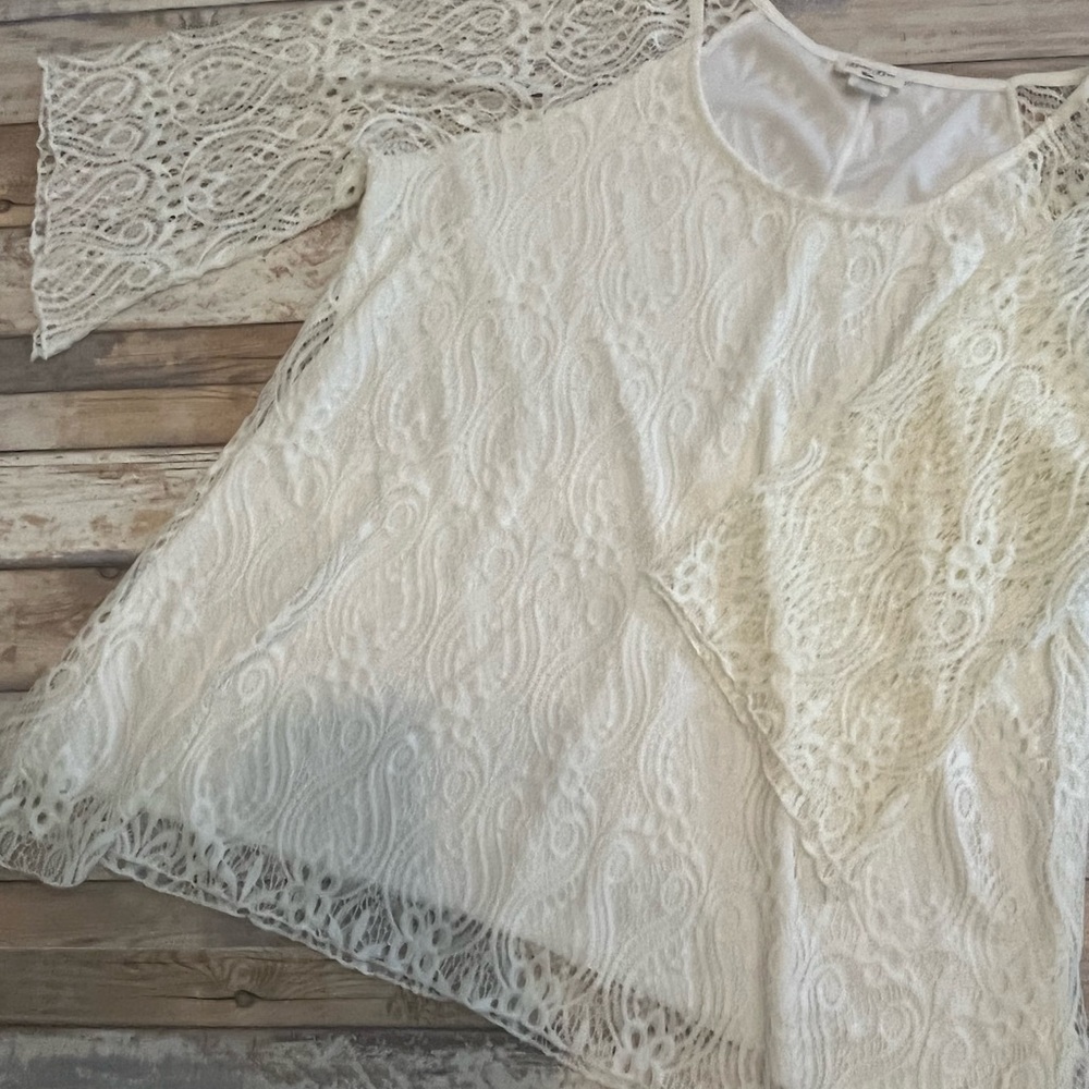 Brittany Black lace top, 3/4 length sleeves, longer on sides, sz 2X.